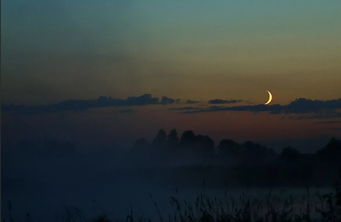 Луна над полями. Степь ночью. Туман вечером. Луна в тумане. Природа месяц на небе.